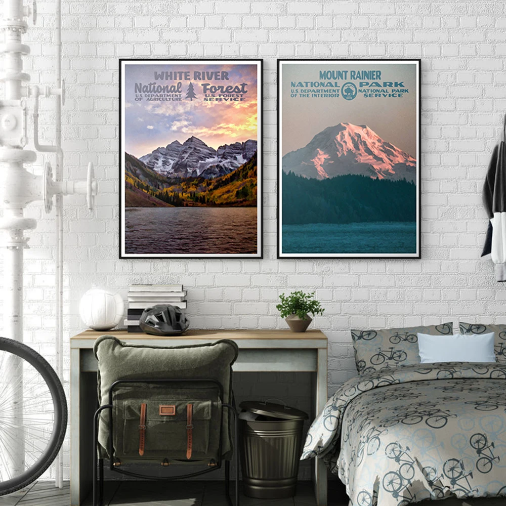 Mount Rainier National Park, Mount Hood Forest Print, White River Painting Vintage Wall Art Travel Poster Wall Home Decor