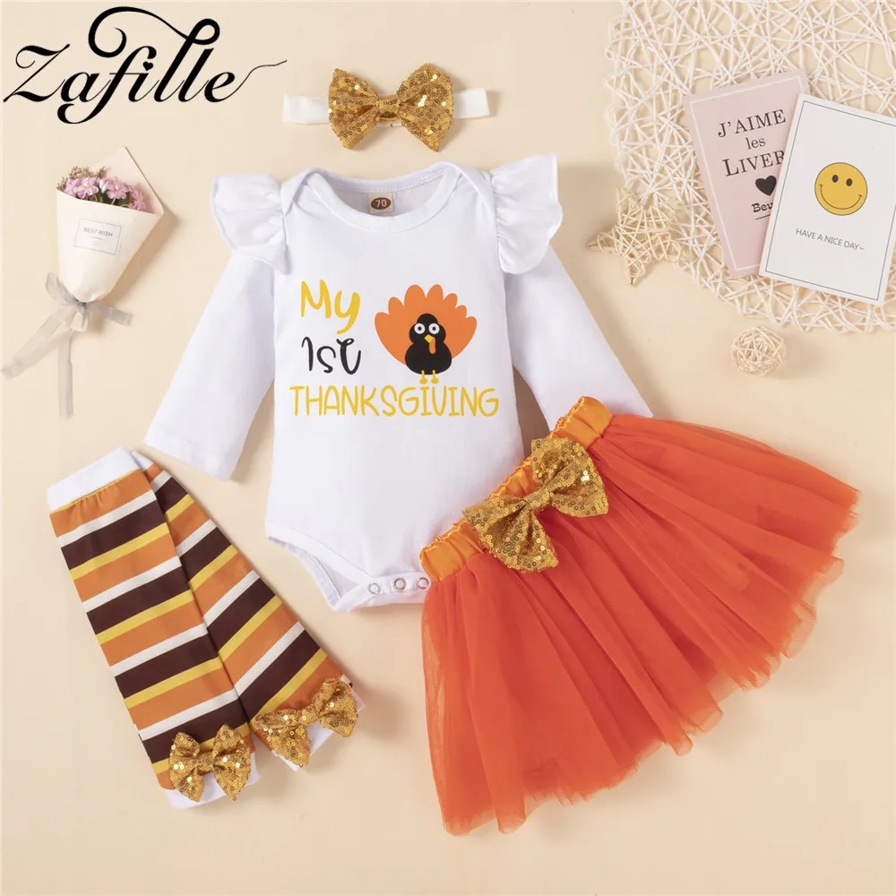 ZAFILLE My First Thanksgiving Outfits For Girls Baby Costumes  Party Turday Romper+Tutu Princess Skirts Baby Girls Clothes Set