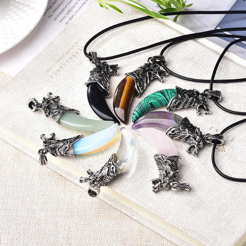 1PC Fashion Natural Crystal Wolf Tooth Pendant Ornament Natural Quartz Crystal Mineral Amulet For Couple Jewelry Christmas Gift