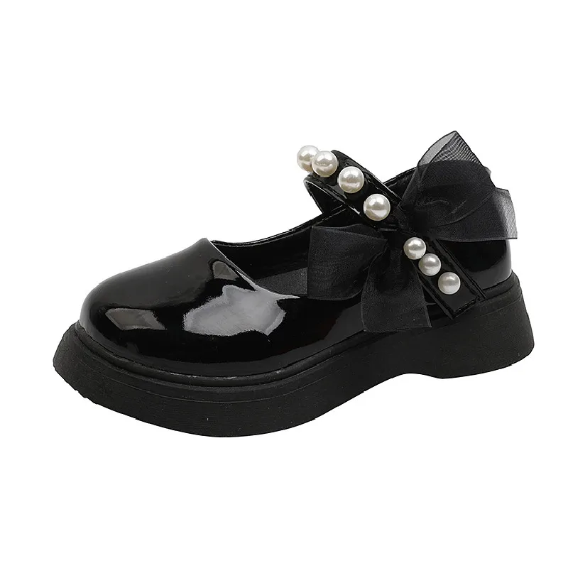 ULKNN loveliness-zapatos de cuero suave para niño, zapatillas planas de goma para niña, zapatos escolares con abalorios y lazo, color negro