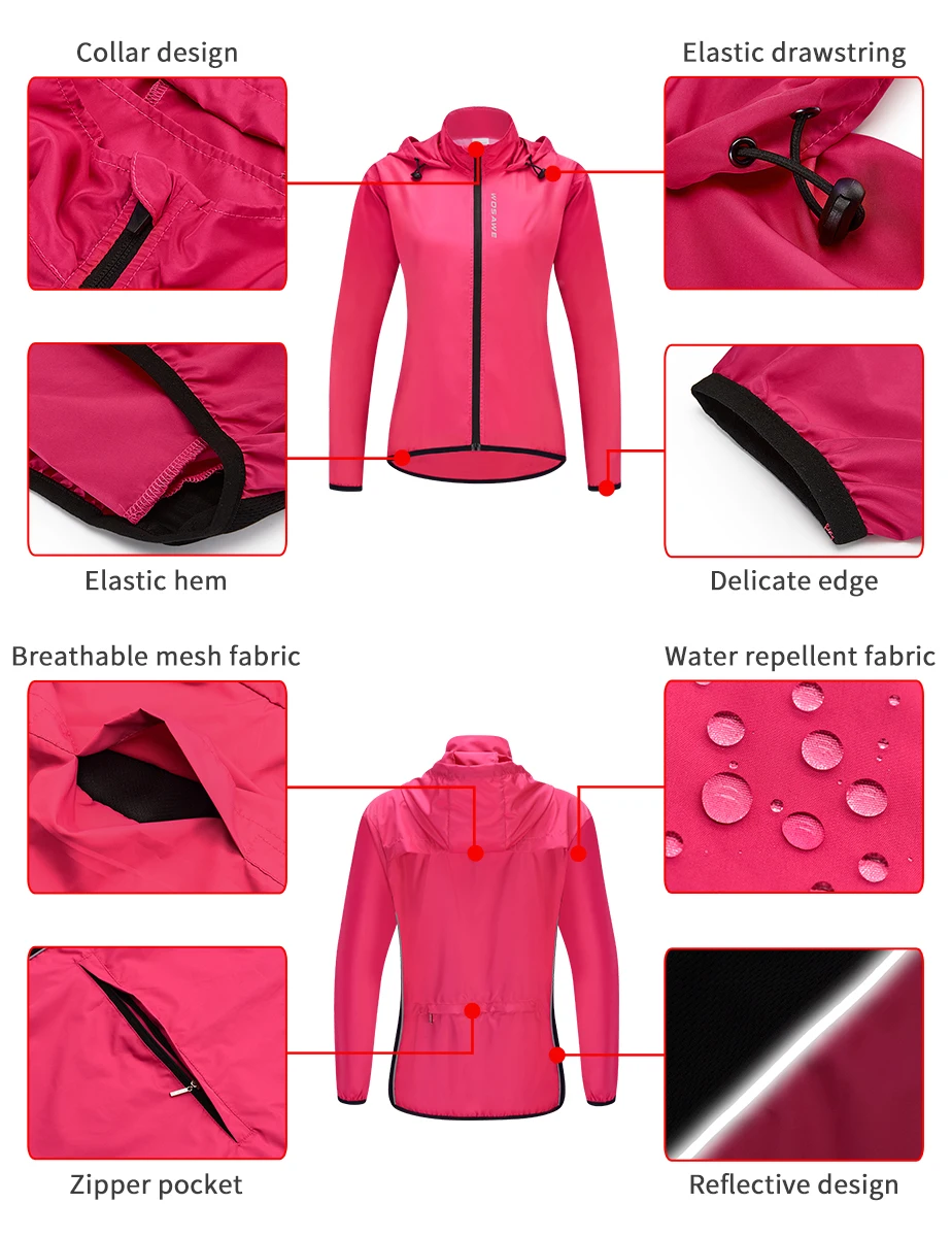 WOSAWE Ladies Windproof Cycling Jackets Hooded Riding Waterproof Cycle Clothing Bike Long Sleeve Jerseys Reflective Wind Coat