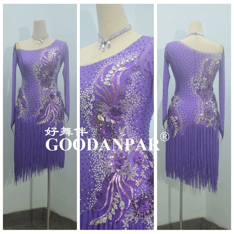 

Latin dress dancing costume Rumba Jive Chacha latin wear fringe Custom-made fringes costumes Long Sleeve purple GOODANPAR