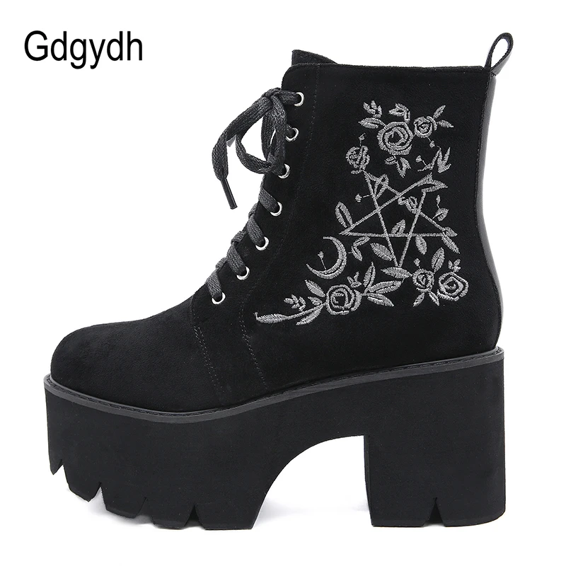 Gdgydh-Botas de plataforma con flores para mujer, zapatos góticos de cuero de ante, Punk, grueso, con cordones y cremallera trasera, de alta calidad