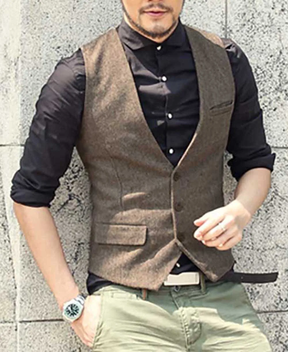 Pak Mannen Vest V-hals Wol Bruin Grijs Formele Single-Breasted Vest Casual Zakelijke Groomman Voor Bruiloft Vest