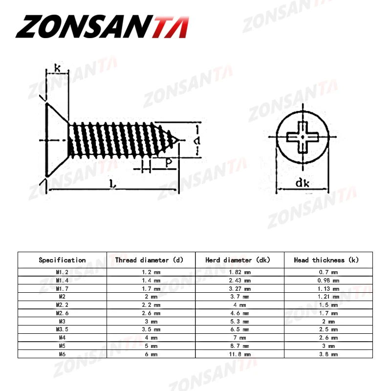 Zonnata M1.4 M1.7 M2 M2.3 M2.6 M3 M4 M5 M6 304 vis de taraudage à tête plate en acier inoxydable à tête creuse croisée vis à bois