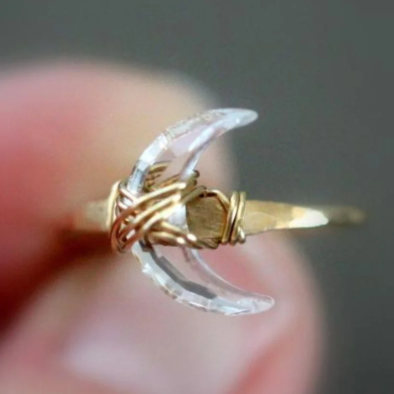 Crescent Moon Ring, Crystal Moon Ring,Crystal Quartz Ring, Half Moon - Moonbeam