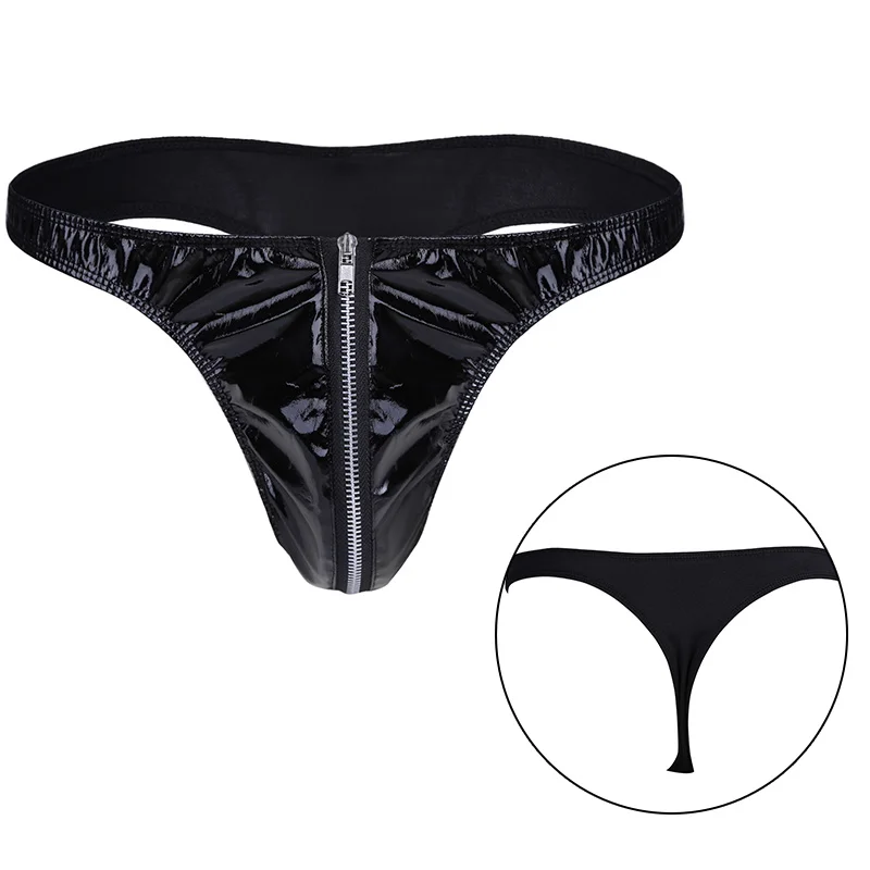 Men\'s Sexy Bikini Swimsuit Mini Micro Lingerie Wetlook G-Strings Latex Leather Jockstrap Briefs Underwear with Zipper Homme