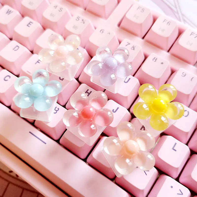 Teclas fofas de desenho animado para teclado mecânico, decoração personalizada artesanal, modelo de flor transparente, para teclas diy