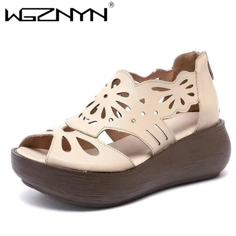 Summer Sandals Women 2023 New Genuine PU Leather Ladies Sandals Platform Women\'s Shoes Casual Retro Open Toe Shoes Sandals Women