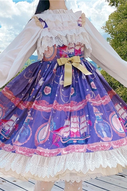 Japanese-Style Lolita Vintage Printed Sweet Lace Ruffled Strap JSK Dress fairy dress tea party  lolita dress  sweet lolita doll