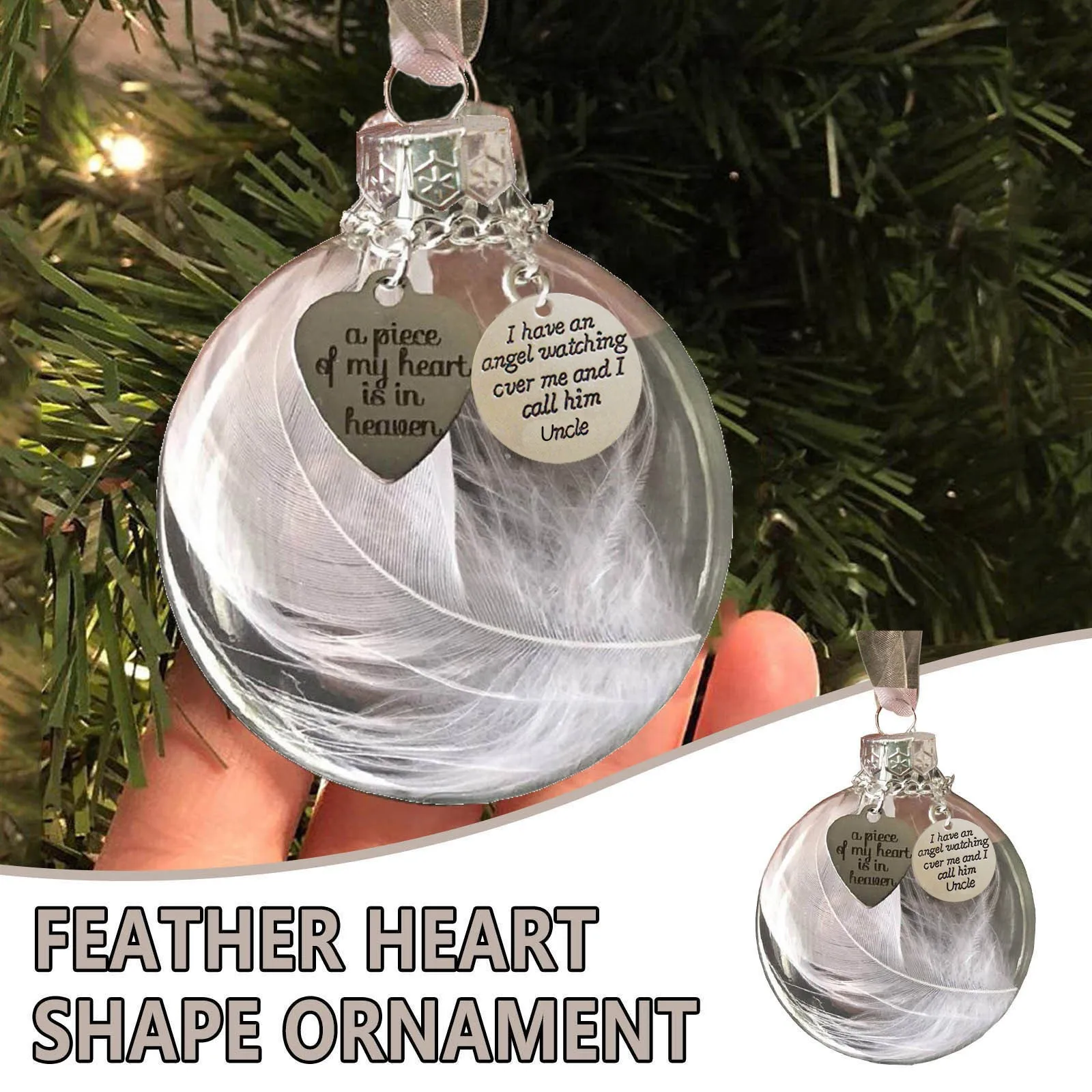 Memorial Dead Relatives Hanging Decorations On Christmas Tree Feather Heart Shape in Transparent Ball Ornaments Pendant 6cm*6cm