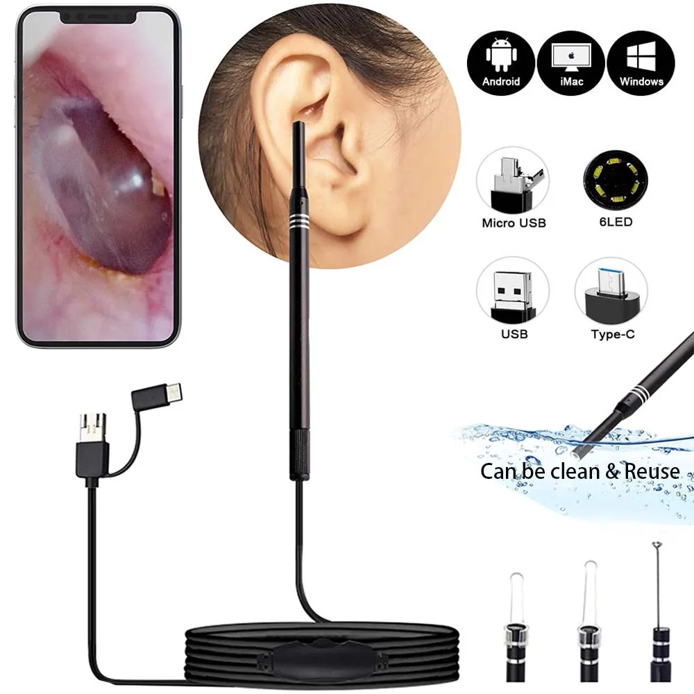 

Digital Otoscope Camera Professional 3 in 1 Ear Cleaning Endoscope Spoon 5.5mm Mini Earwax Removal Tool Earpick for Humans Dogs