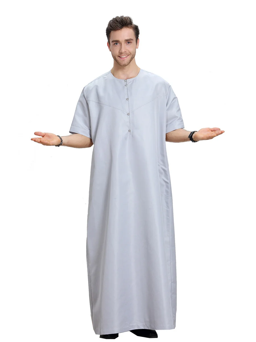 Summer Muslim Moroccan Short Sleeve Islamic Men\'s Round Collar Solid Color Robe Arabic Kaftan Saudi Dubai Clothing Worship Abaya