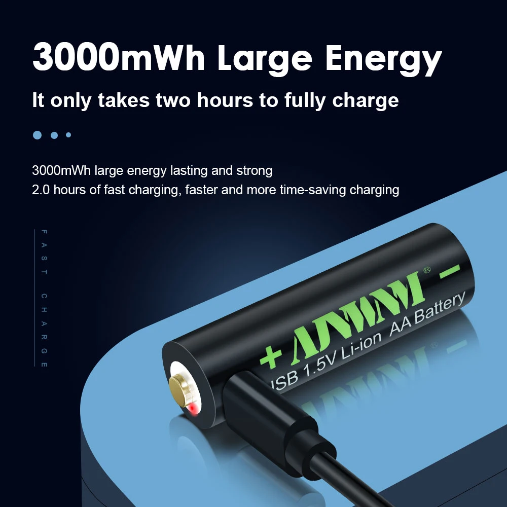 AJNWNM 1.5V AA USB 충전식 리튬 이온 배터리 3000mWh 배터리 AA 원격 제어 무선 마우스 + USB 케이블