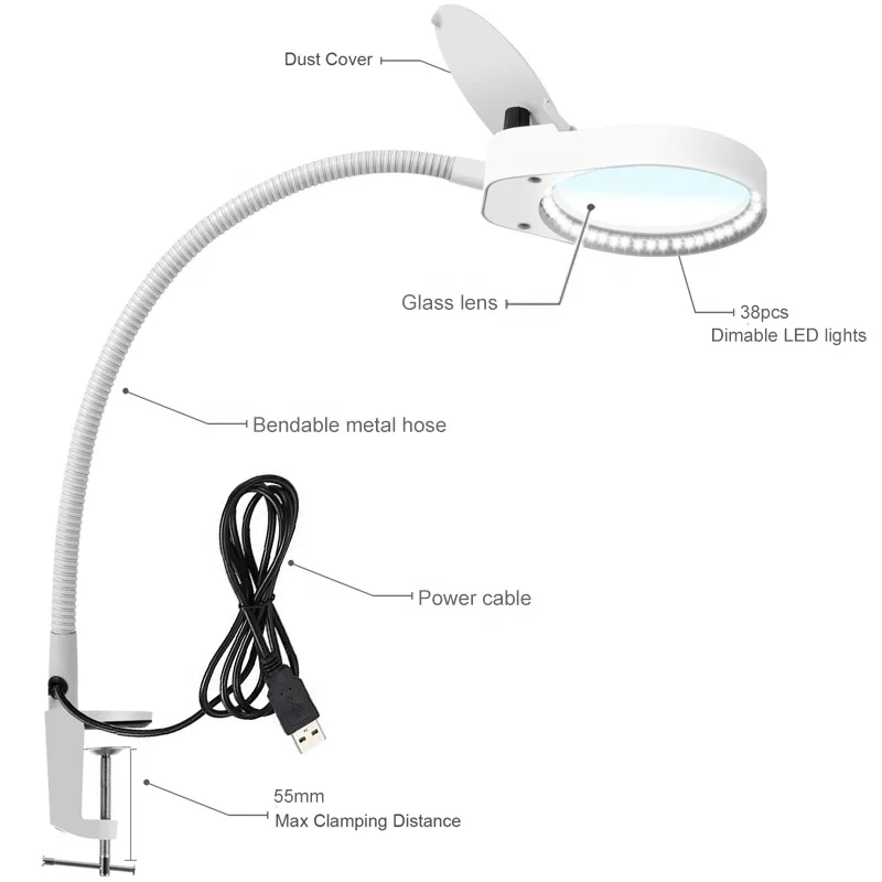 5X 8X15X Led Vergrootglas Lamp Metalen Klem Swing Arm Bureaulamp Traploos Dimmin, Vergrootglas Led Lamp 3X10X,100Mm Diameter Lens Wit