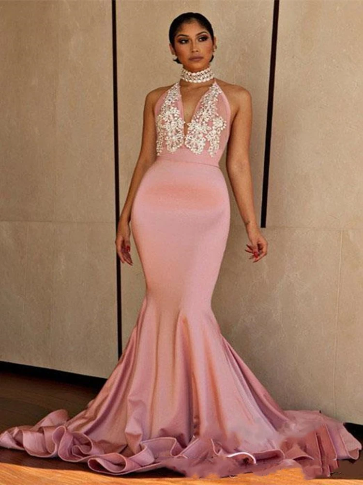 Vestido de fiesta largo Formal con cuello Halter, traje Sexy con espalda descubierta, apliques de encaje, perlas y cuentas, para fiesta de graduación, 2020