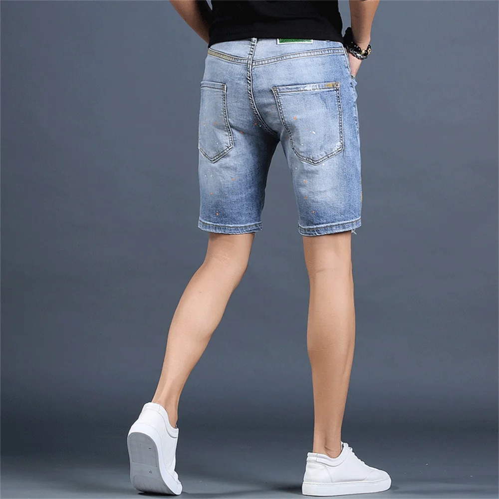 EH·MD®Scratch Denim Shorts Men's Hole Five-Point Pants Pure Cotton Slim Retro Spray Paint White 2020 New Breathable Soft Stretch
