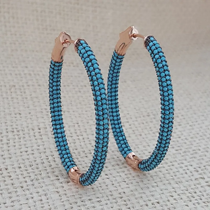 Turquoise Hoop Earrings Rose Gold Earrings 925 Silver Huge Luxury Earrings Earrings for Women серьги женские