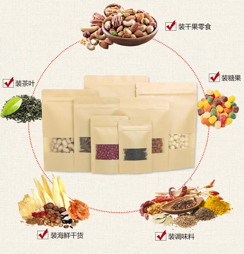 1000Pcs/Lot Kraft Paper Bags ZipLock With Frosted Window Stand Up Resealable Grip Ziplock Pouches Tea Coffee Bean Packaging Food