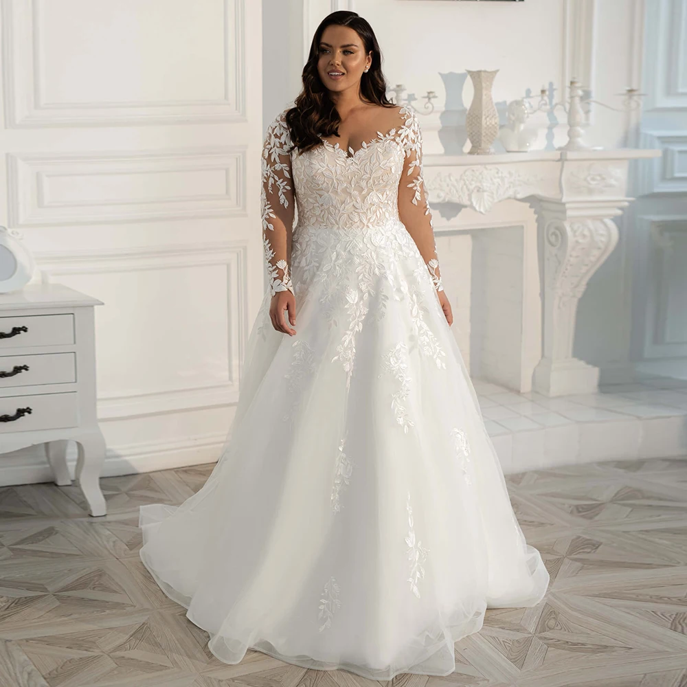 Vestidos De novia De encaje De talla grande personalizados elegantes grandes mangas largas para mujer Scoop A Line vestidos De novia De tul Vestido De novia