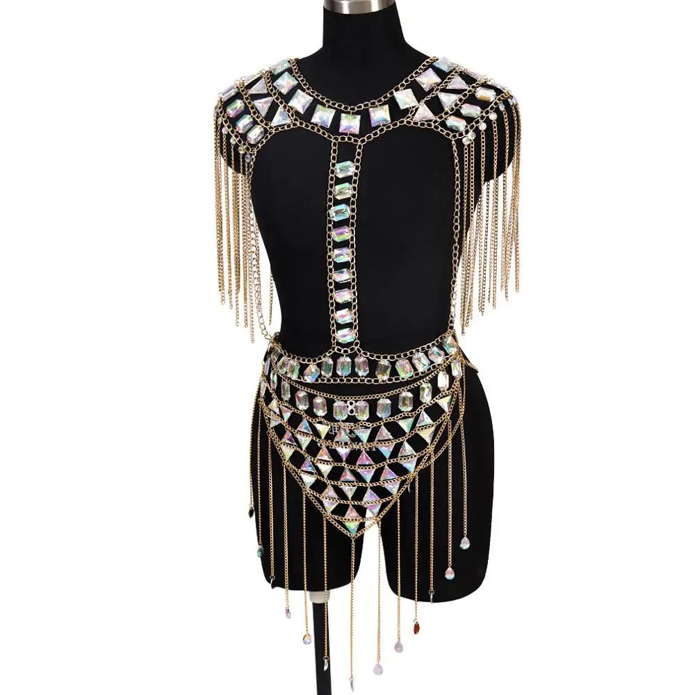 Body Chain Harness Shoulder Epaulette Crystal Jewelry Chest Belt Waist Skirt Sequins Top Set Plus Size Party Dance Rave Wear