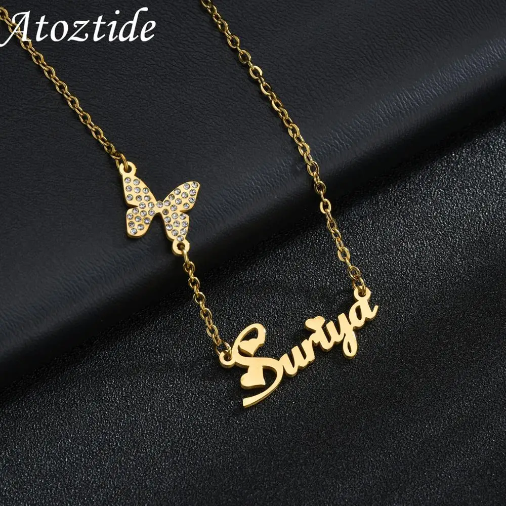 Atoztide Customized Butterfly Stainless Steel Name Necklace Personalized Letter Choker Zircon Pendant Nameplate Christmas Gift