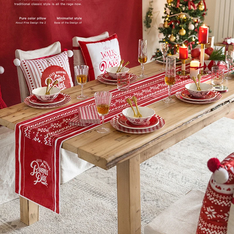 

Christmas Table Runner Red Premium Velvet Printed Table Runners High Quality Home Decor Tablecloth Festival Cloth Decoration