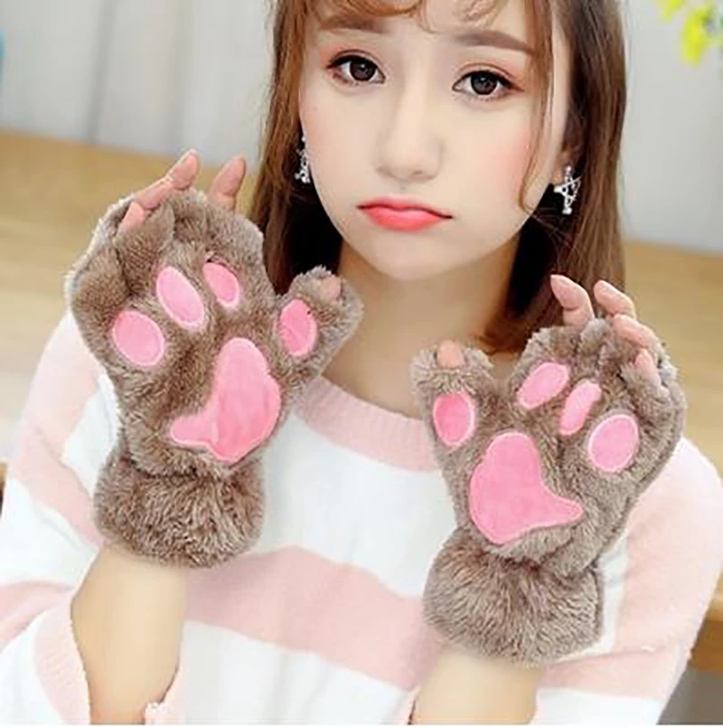 Cartoon Cute Cat Claw Paw Gloves Women Plush Mittens Warm Soft Plush Short Fingerless Fluffy Bear Cat Gloves Costume Half Finger