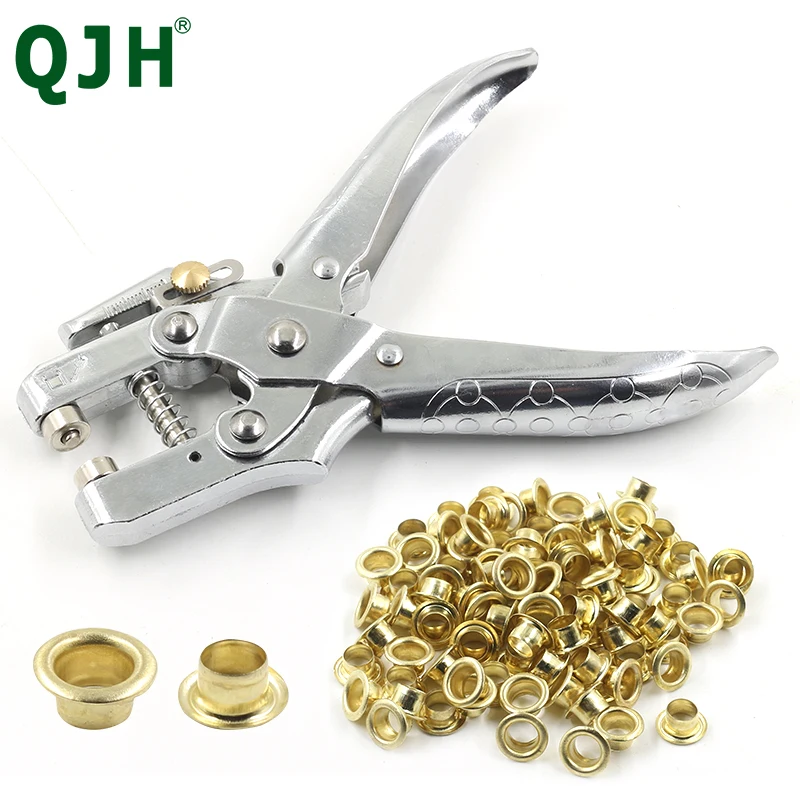 QJH Metal Household DIY Handheld Eyelet Hole Punch Pliers With 100 Eyelets Kit For Leather Fabric Belt Clothes Decorative Repair