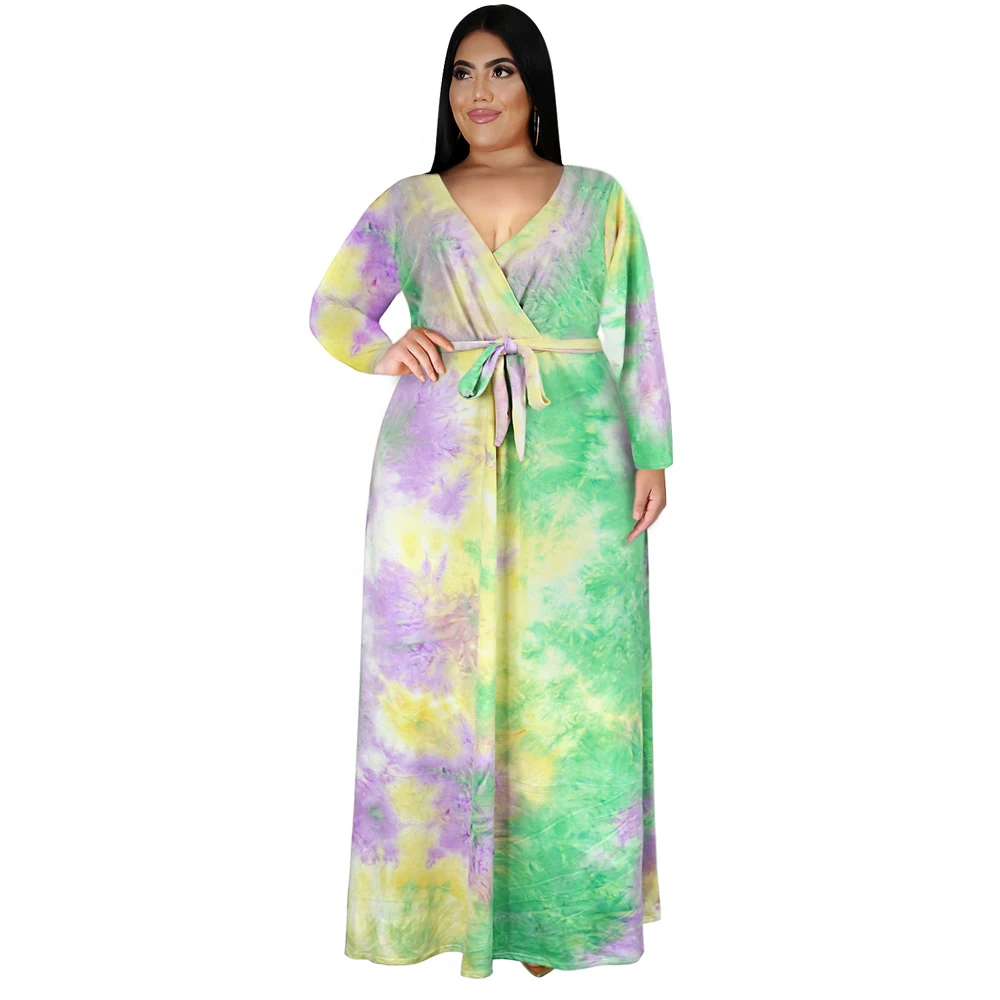 Plus Size Tie Dye Long Dress Women Winter Autumn Long Sleeve Sexy V-neck High Waist Split Bandage Casual Fashion Maxi Dress 5XL