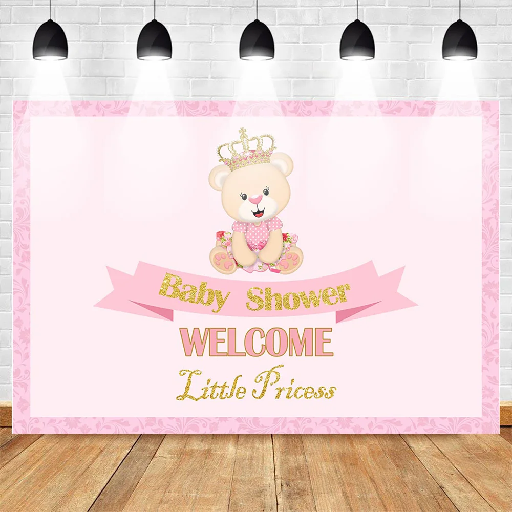 Sweet BearThemed Baby Shower Backdrop for Photography Newborn Children Girls Birthday Party Background Pink  Little Princess