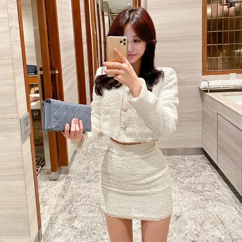 Novo outono inverno moda feminina ternos 2 peça define manga longa único breasted branco casaco curto e elegante mini saia bodycon