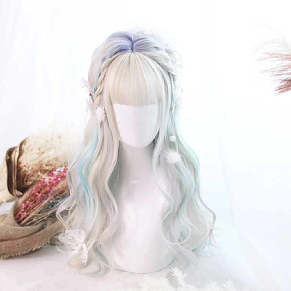 CosplayMix Lolita 60CM Aurora Mixed Color Long Wavy Synthetic Party Cosplay Wig With Bang +Wig Cap Heat Resistant