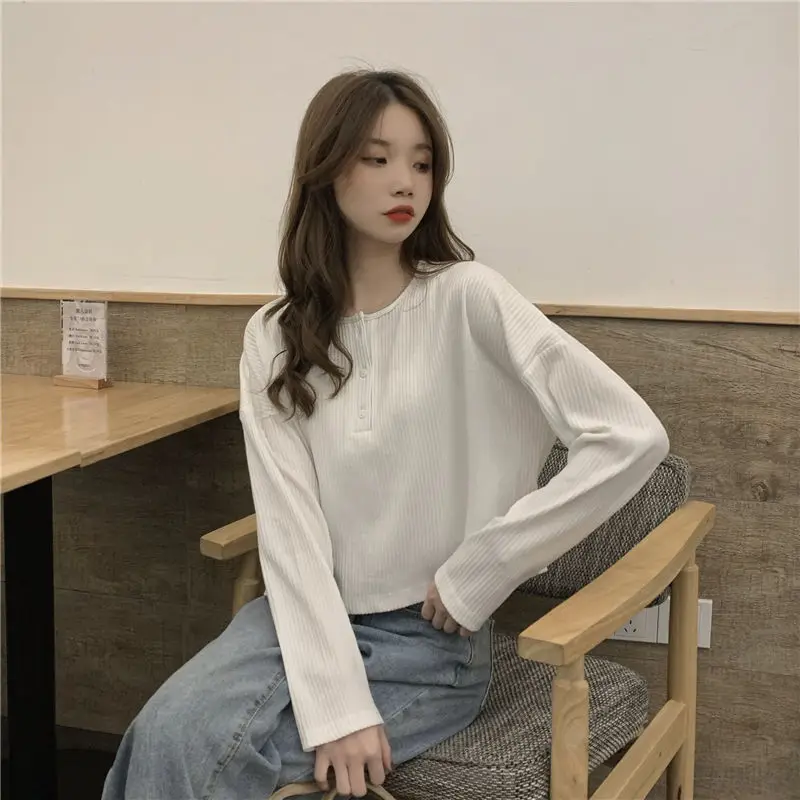 T-shirts Women Simple Casual Cropped Autumn Long Sleeve Fashion O-neck Japanese Style Solid All-match Street Sweet Girls Cozy