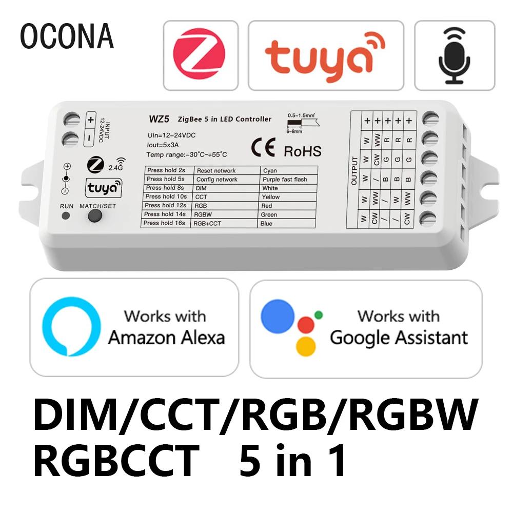 ZigBee 3.0 LED Controller 5-in-1 Tuya Smart APP Control 3A*5 Channel CCT RGB RGBW RGBWC Strip Dimmer RF 2.4G 12V 24V High Power