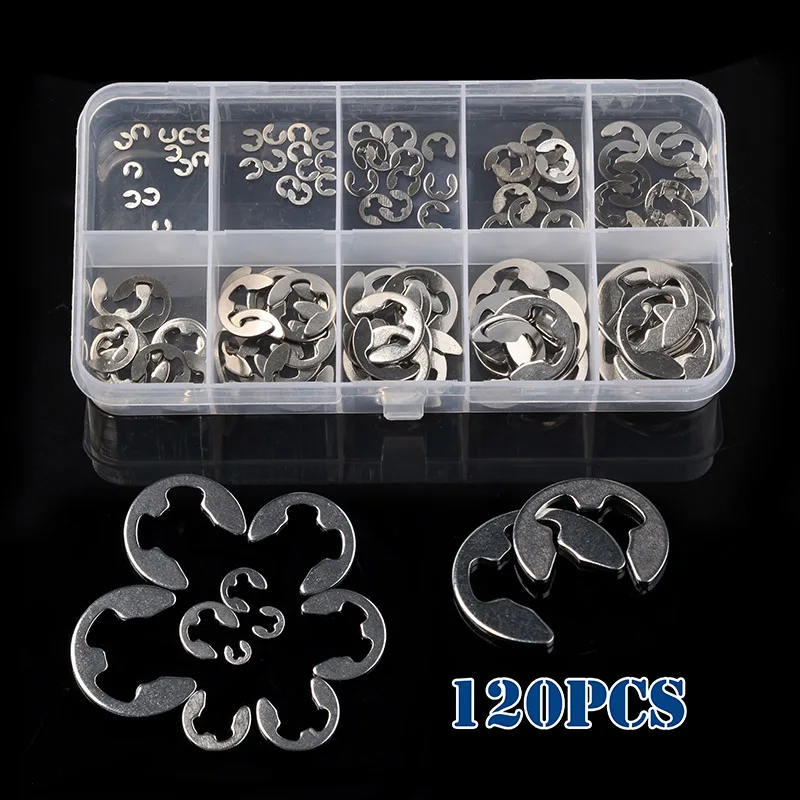 120pcs 304 Stainless SteelE-Clip Retaining Ring Circlip Assortment Kit  1.5mm to 10mm For Hardware Accessories