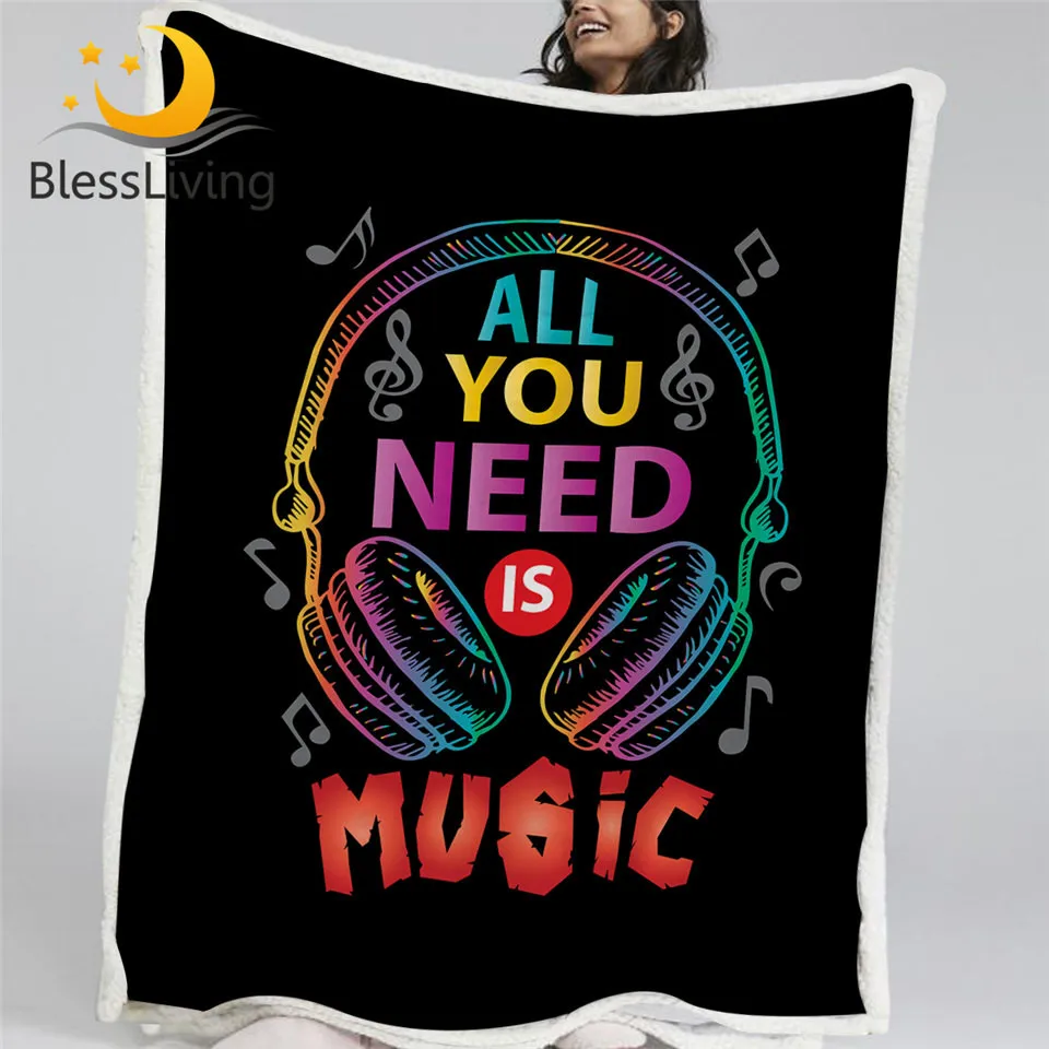 

BlessLiving Headphone Plush Bedspread Musical Sherpa Blanket All You Need is Music Furry Blanket Colorful Fashion Throw Blanket