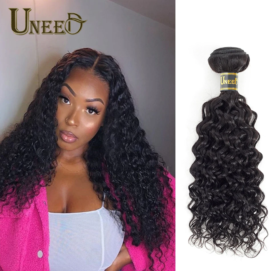 

Uneed Hair Indian Water Wave 4 Bundles Natural Black Color Remy 100% Human Hair Bundles 8-28Inch Water Wave Hair Weave Extension