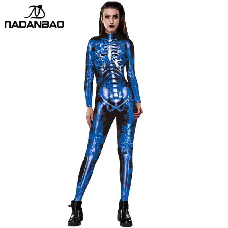 NADANBAO New Rose Esqueleto Traje Macacão 3D Impressão Assustador Trajes de Halloween Para As Mulheres Mecânico Crânio Bodysuit