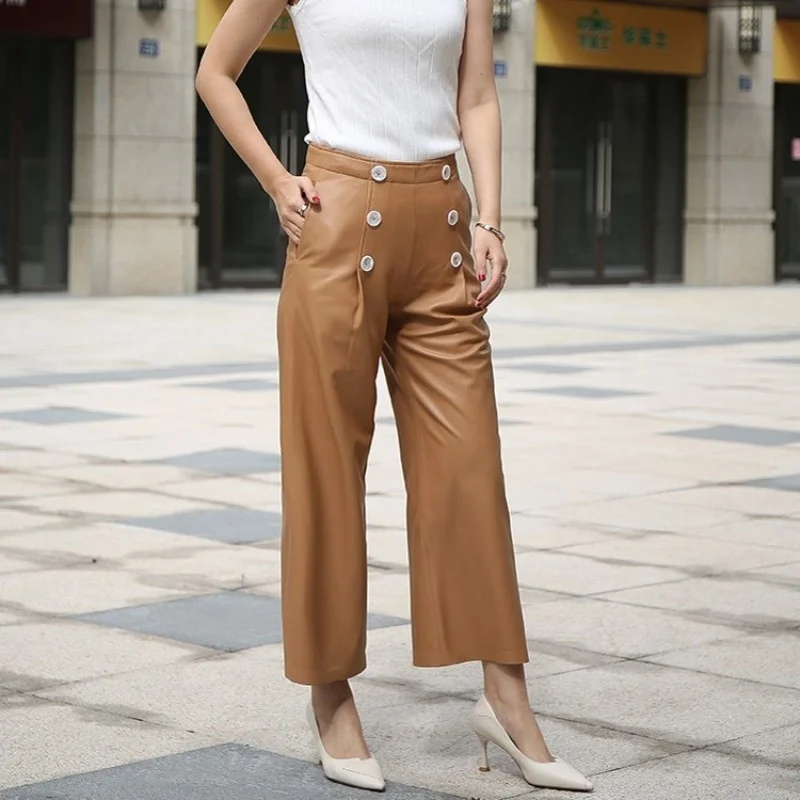 Casual Womens Sheepskin Wide Leg Pants High Waist Loose Ankle-Length Pants Street Office Lady Genuine Leather Trousers S-L