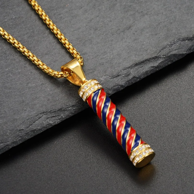 Hip Hop Iced Out Barber Pole Lamp Pendant Necklace For Women Men Gold Color Stainless Steel Chains Hiphop American Jewelry