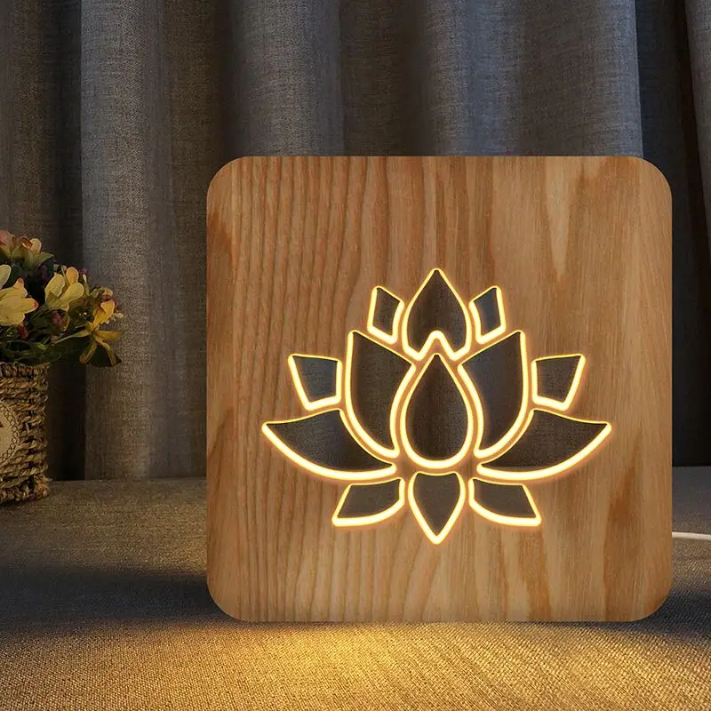 Ins Wooden lamp 3D lotus Night Light USB LED Table Light Switch Control Flowers Wood Carving bed Lamp for Child kids Room Decor