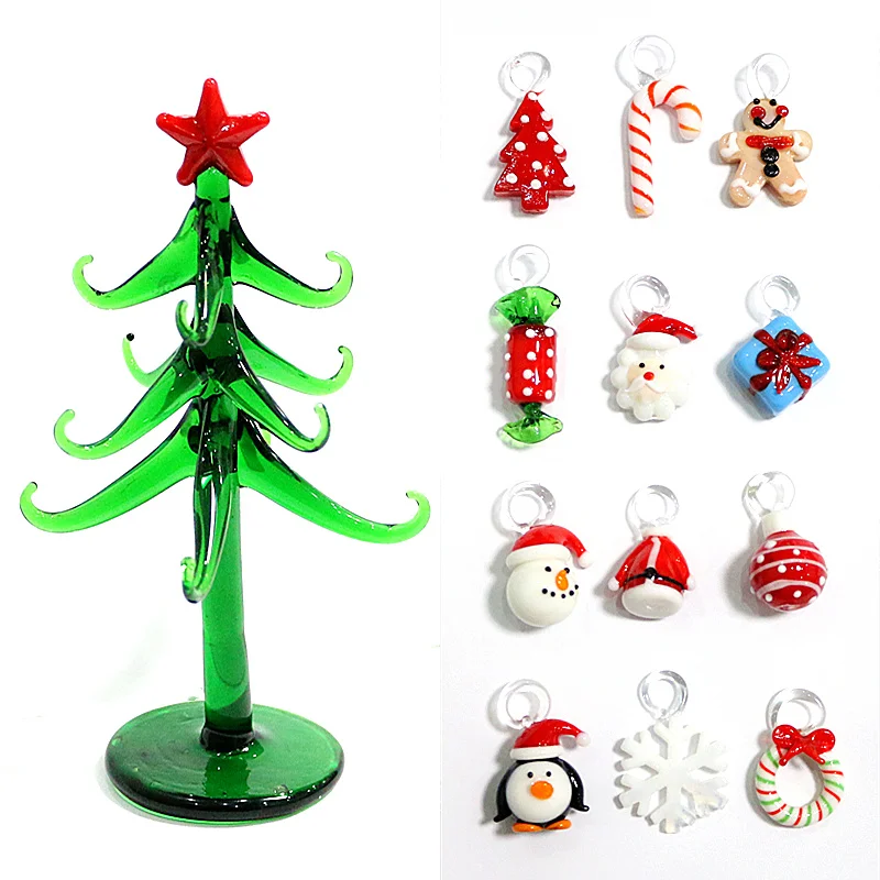 Murano Glass Plant Crafts Figurines Ornaments Home Decor Simulation Christmas Tree Small Sculpture With 12 Pendant Accessories