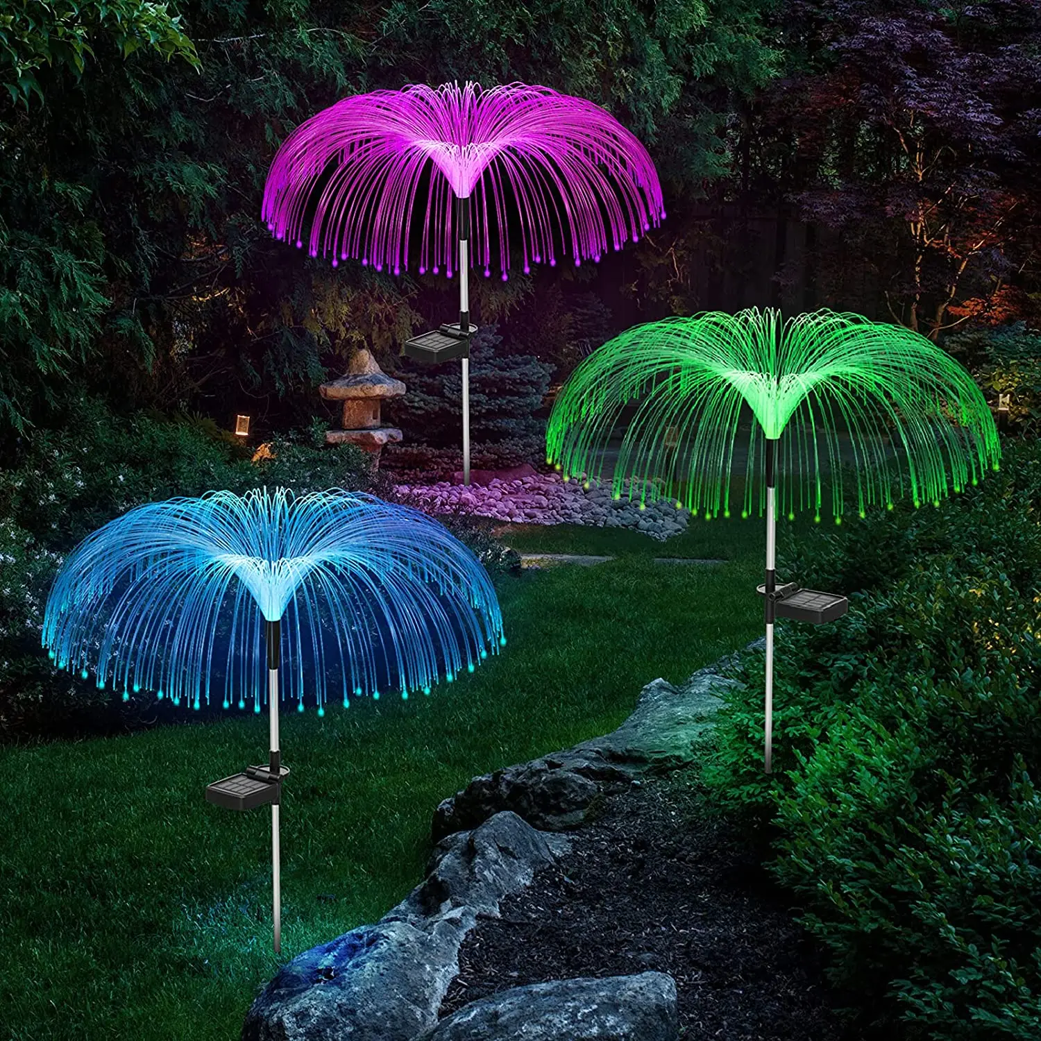 RGB Solar Garden Jellyfish Lights Outdoor Solar Yard Flower Optical Fiber Decor Light for Patio Pathway Lawn Holiday Christmas