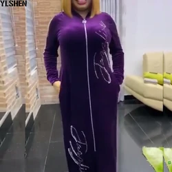 Samt Diamanten Afrikanische Kleider Für Frauen Winter Frühling Afrika Kleidung Plus Größe Hohe Qualität Muslim Langarm Maxi Kleid