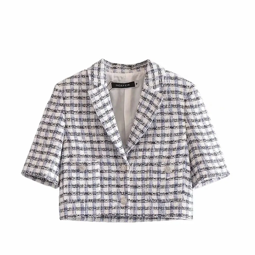 XEASY 2021 Tweed Summer Women Two-piece Set Plaid Vintage Casual Short Sleeve Blazer Female Slim High Waist Shorts Suits