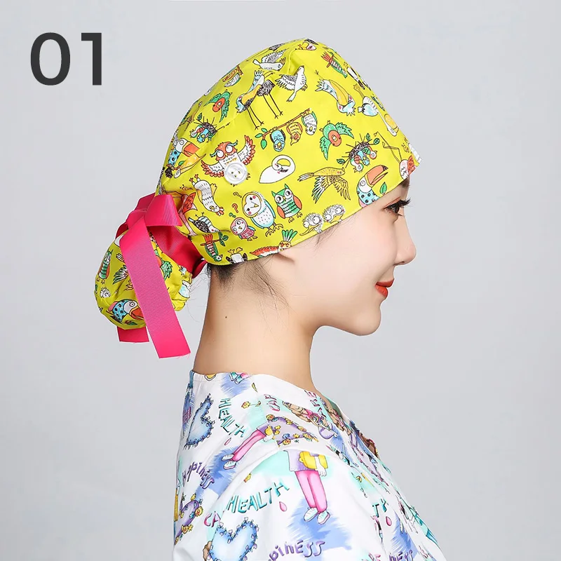 1pcs Scrub Cap Bouffant Hat With Sweatband Doctor Nurse Dental Clinic Beauty Salon Working Caps Long Hair Hat Ponytail Lab Cap