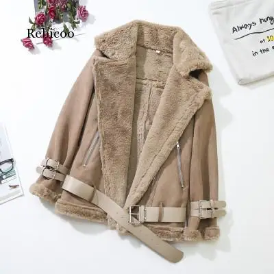 Winter Short Suede Jacket Coat Women Warm Lambswool Parka Coats Ladies Lamb Velvet Fur Overcoat Womens Locomotive Bomber Jackets