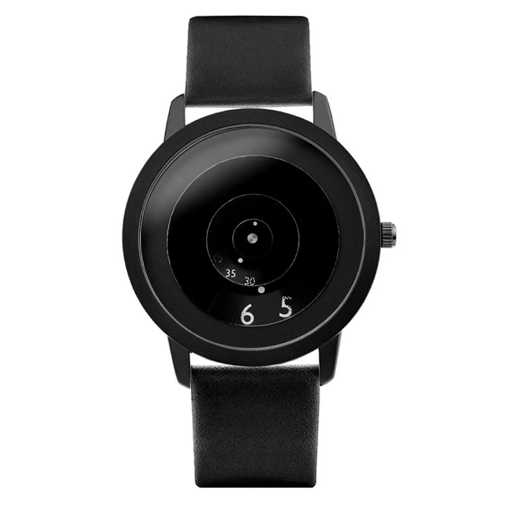 No puntero Plataforma creativa relojes de moda casuales de los hombres de cuero de las mujeres reloj de cuarzo único diseño de esfera unisex negro pulsera