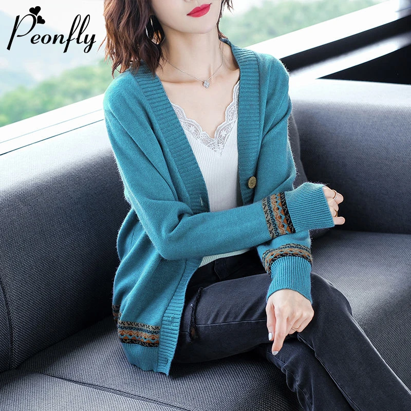 

PEONFLY Elegant Single Breasted V Neck Knitted Women Cardigan Casual Long Sleeve Sweater Korean Style Knitted Coat Blue Pink